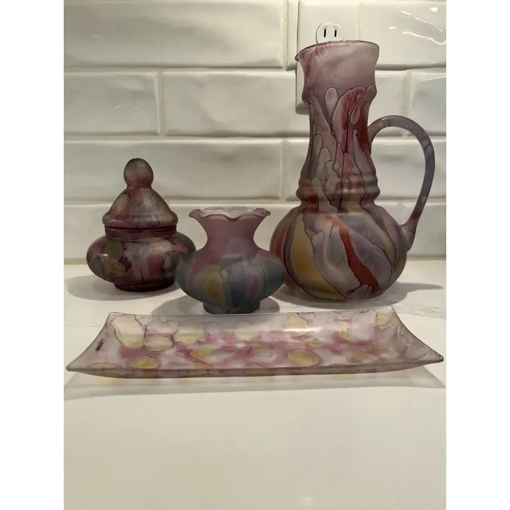 Vtg Rueven Israeli Original Hand Painted Nouveau Art Glass Pitcher Vase Set Of 4